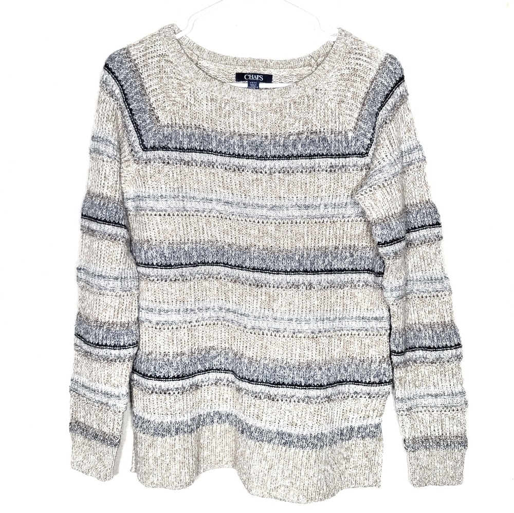 Chaps striped sweater gray beige tan size S longsleeve knit